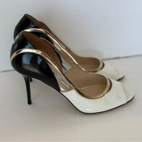 Jimmy Choo White and Gold Peep Toe Heels